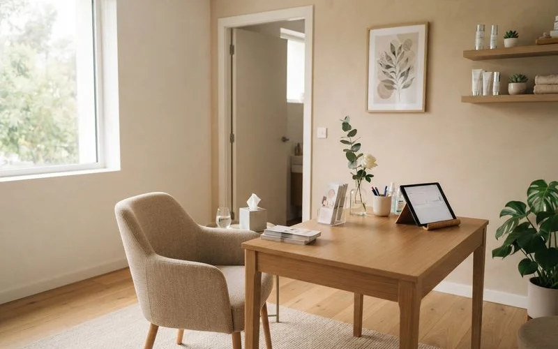 A calm, modern medical spa treatment room in Connecticut with a reclined treatment chair, medical-grade skincare devices, and soft natural light