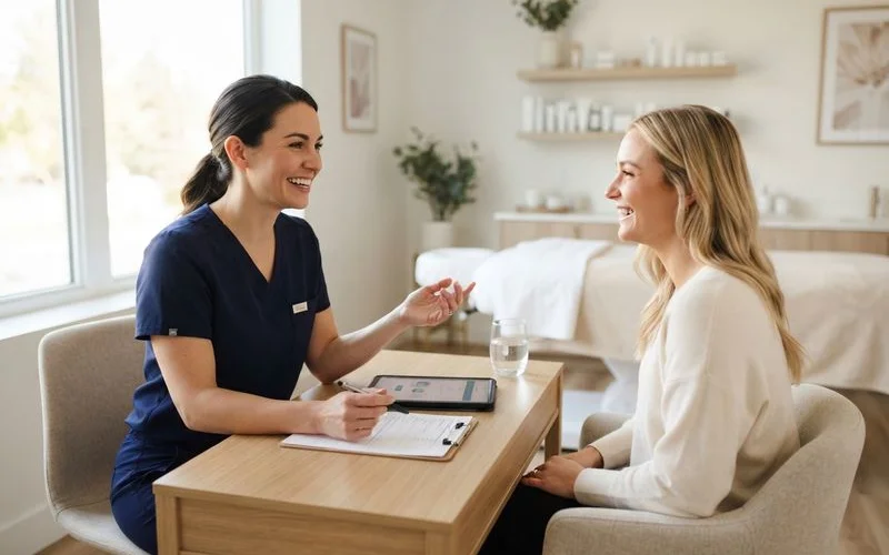 Close-up of a gloved nurse injector consulting with a client before a Botox or dermal filler treatment at a medical spa